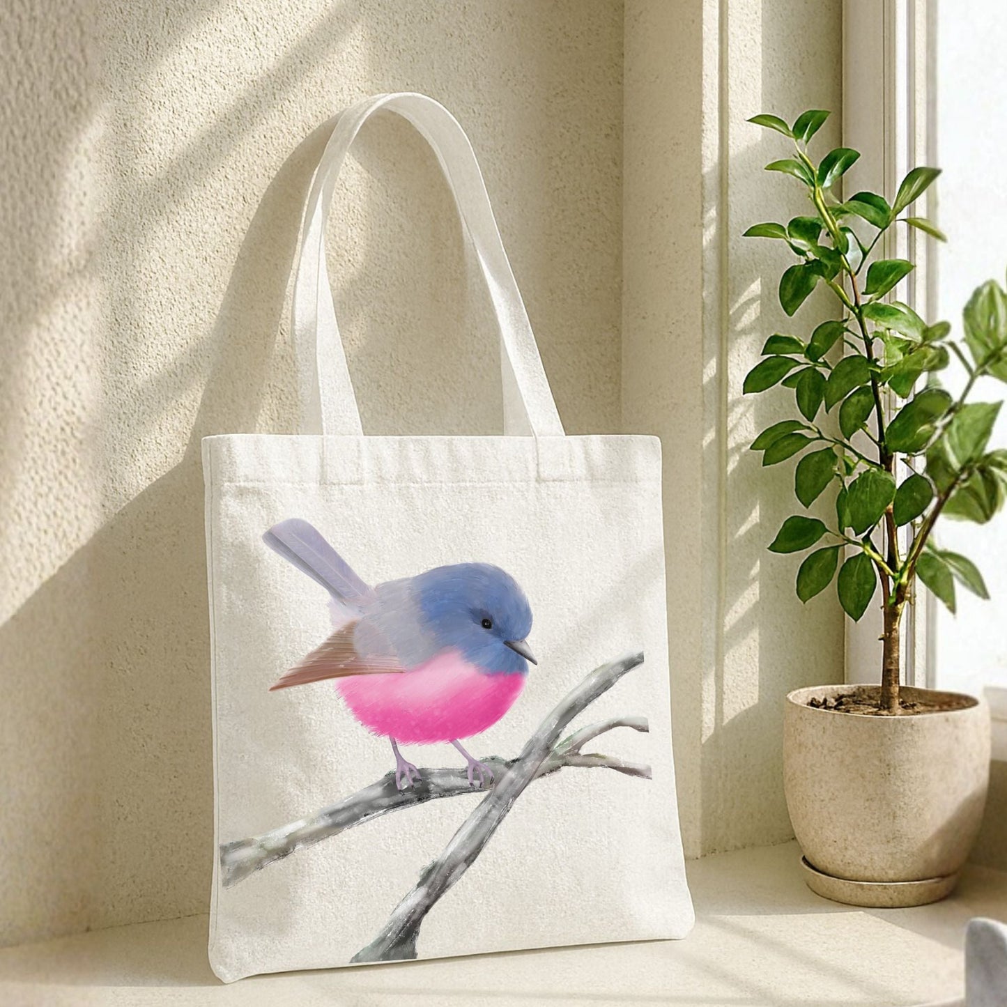 Pink and Blue Robin Canvas Tote Bag - MerikaArt