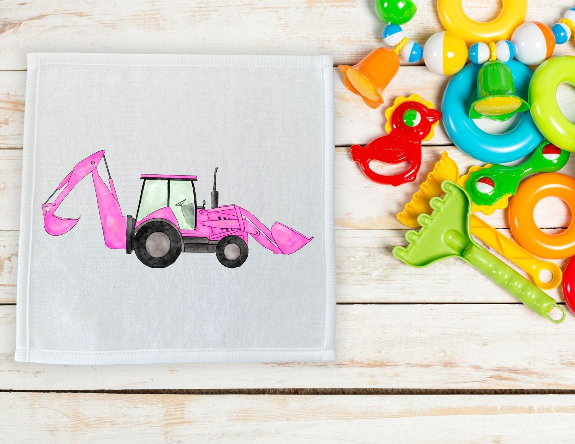 Pink Backhoe Loader Washcloth - MerikaArt