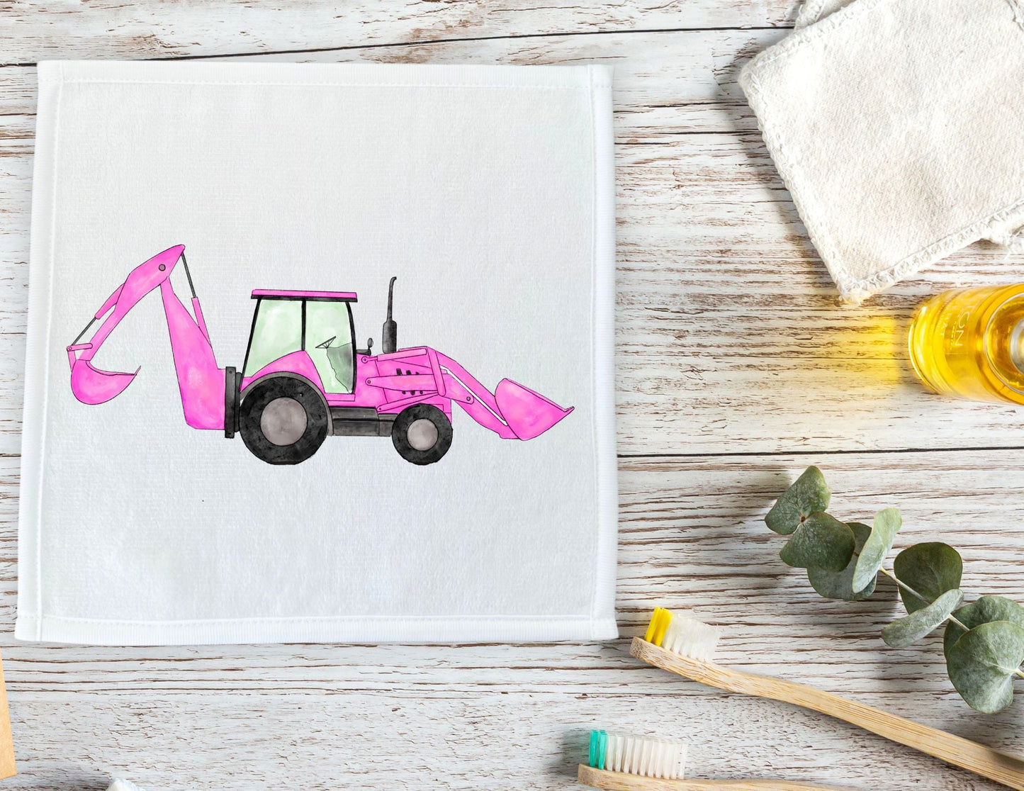 Pink Backhoe Loader Washcloth - MerikaArt