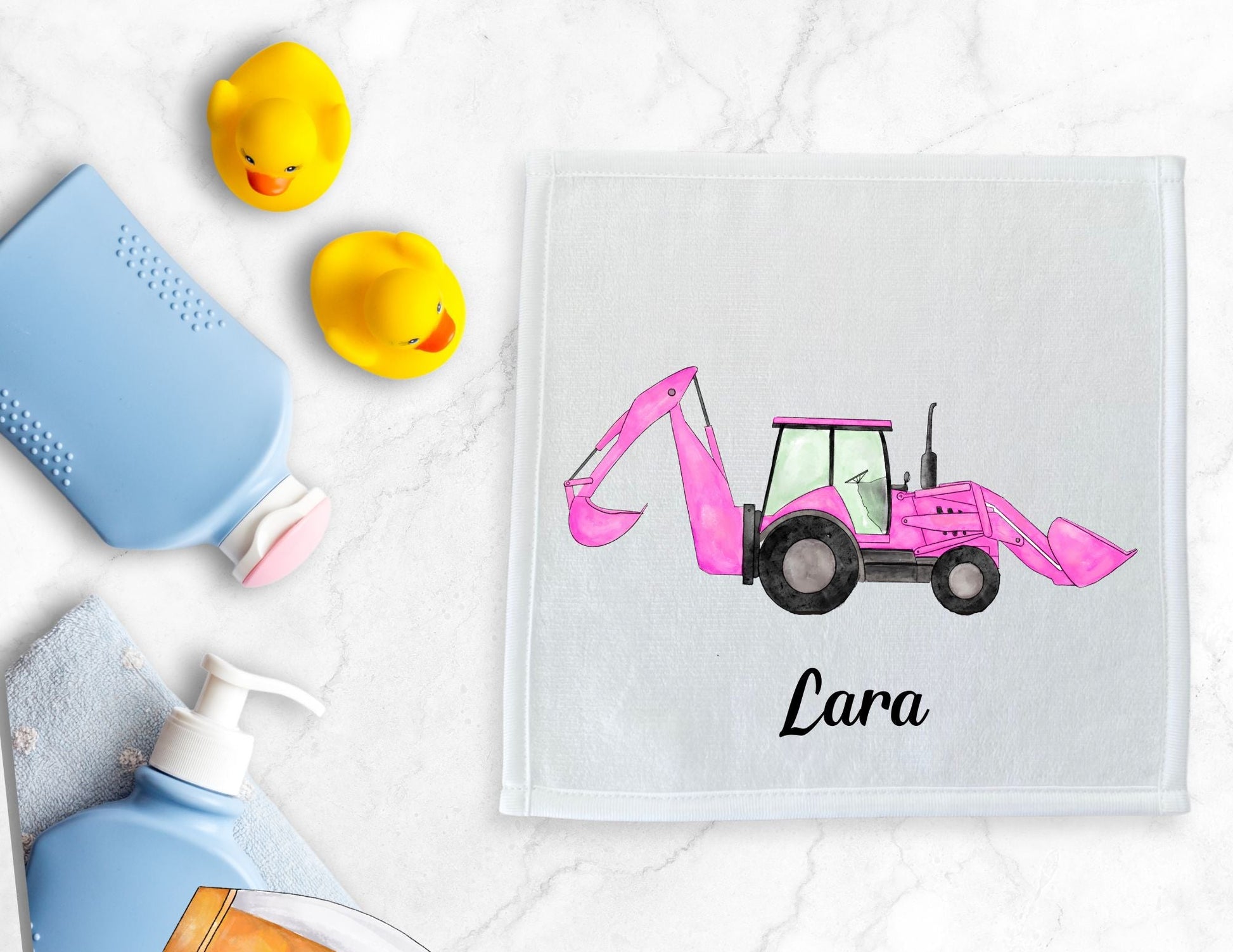 Pink Backhoe Loader Washcloth - MerikaArt