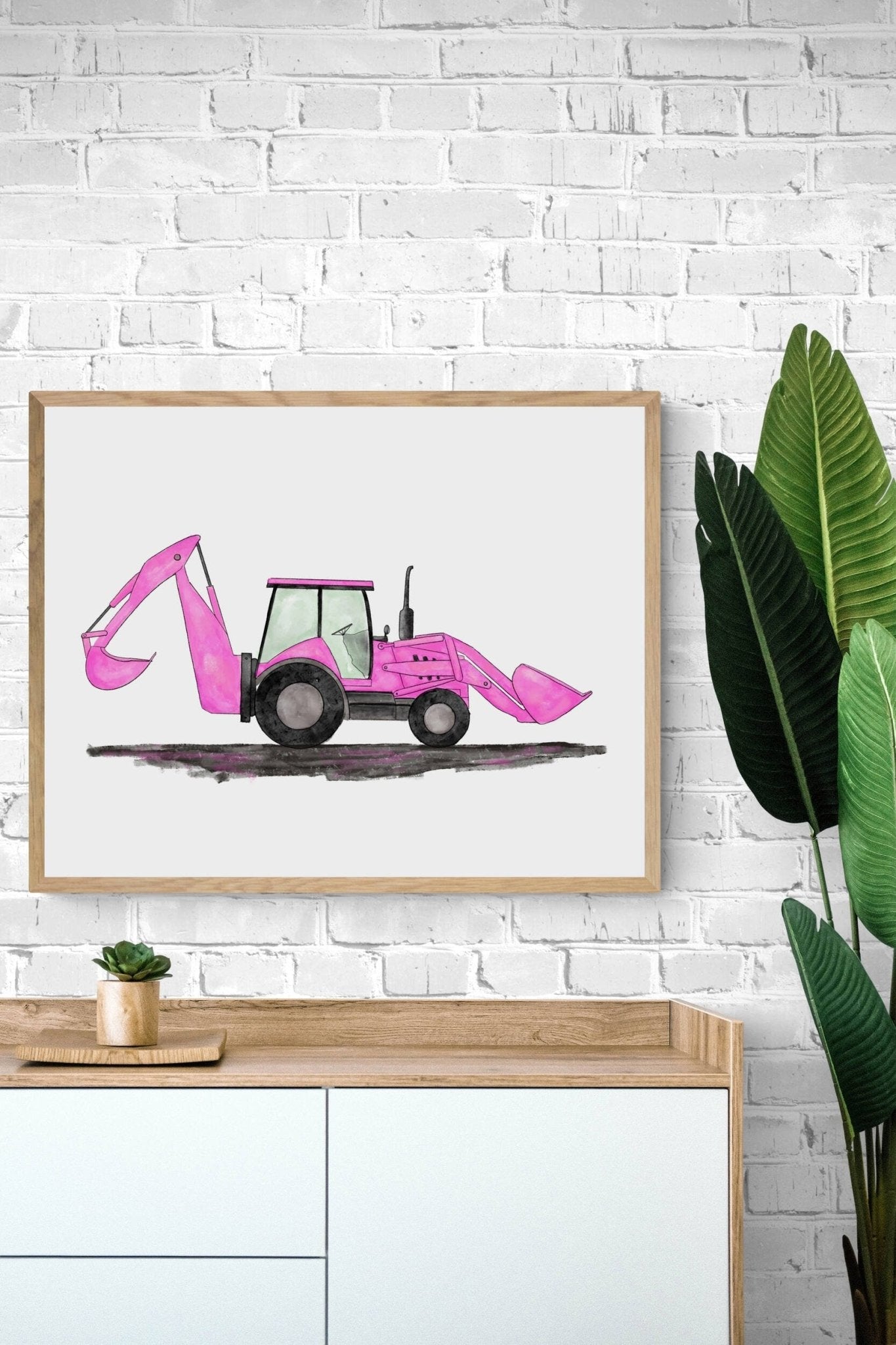 Pink Backhoe Wall Art, Backhoe Loader Painting, Girls Room Construction Print, Construction Vehicles Poster, Nursery Gift, Loader Excavator - MerikaArt