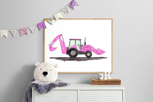 Pink Backhoe Wall Art, Backhoe Loader Painting, Girls Room Construction Print, Construction Vehicles Poster, Nursery Gift, Loader Excavator - MerikaArt