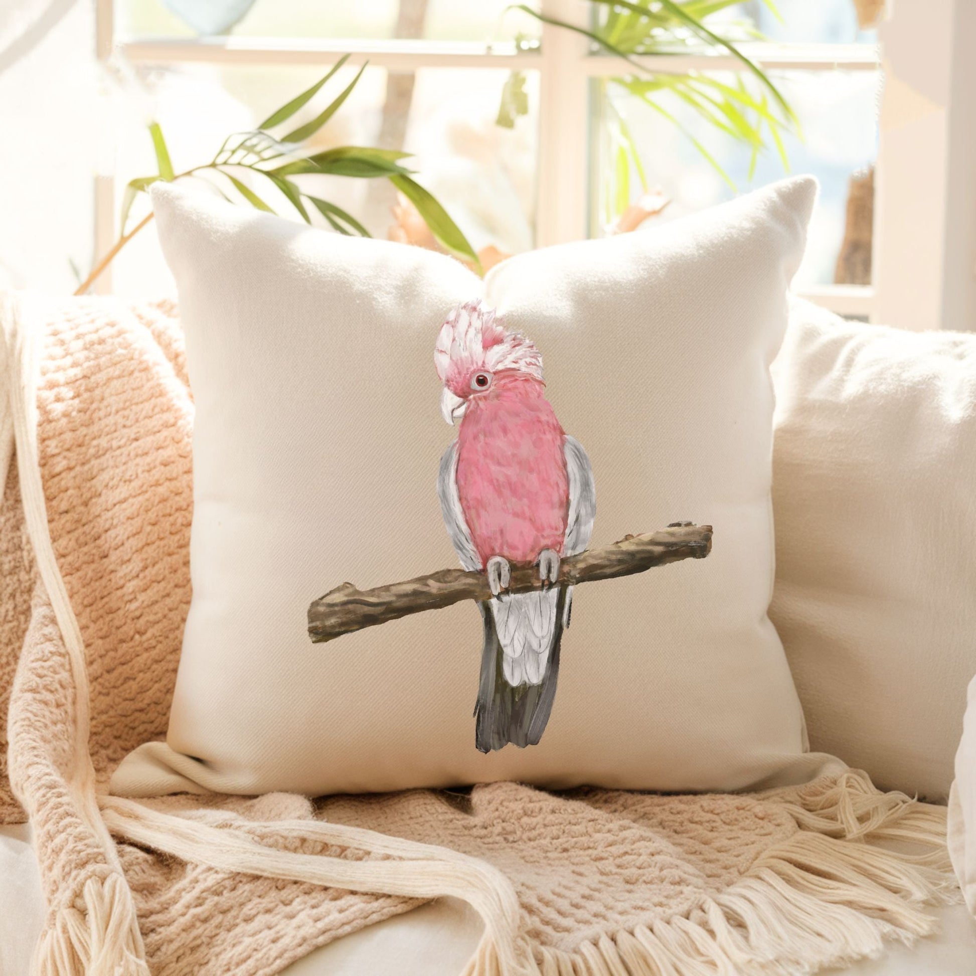 Pink Cockatoo Bird Pillow - MerikaArt