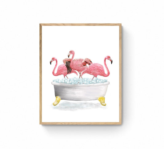 Pink Flamingo Bathing Print, Flamingo In Bathtub, Bathroom Wall Art, Wildlife Painting, Birds Relaxing In Bath Print, Flamingos in Tub - MerikaArt