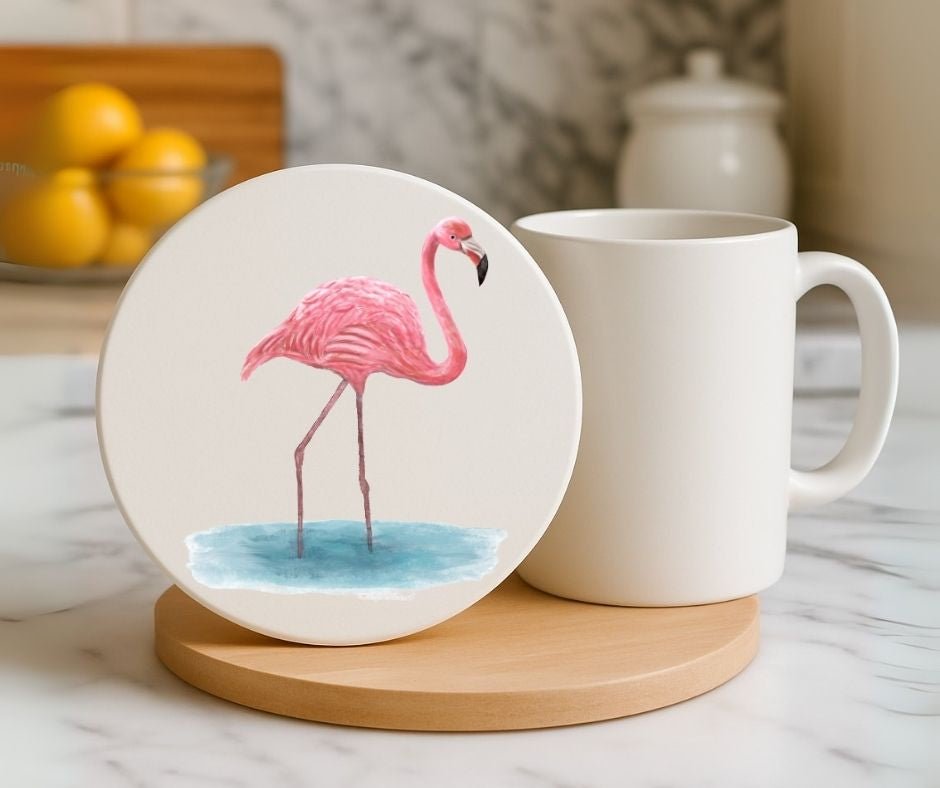 Pink Flamingo Ceramic Coaster - MerikaArt
