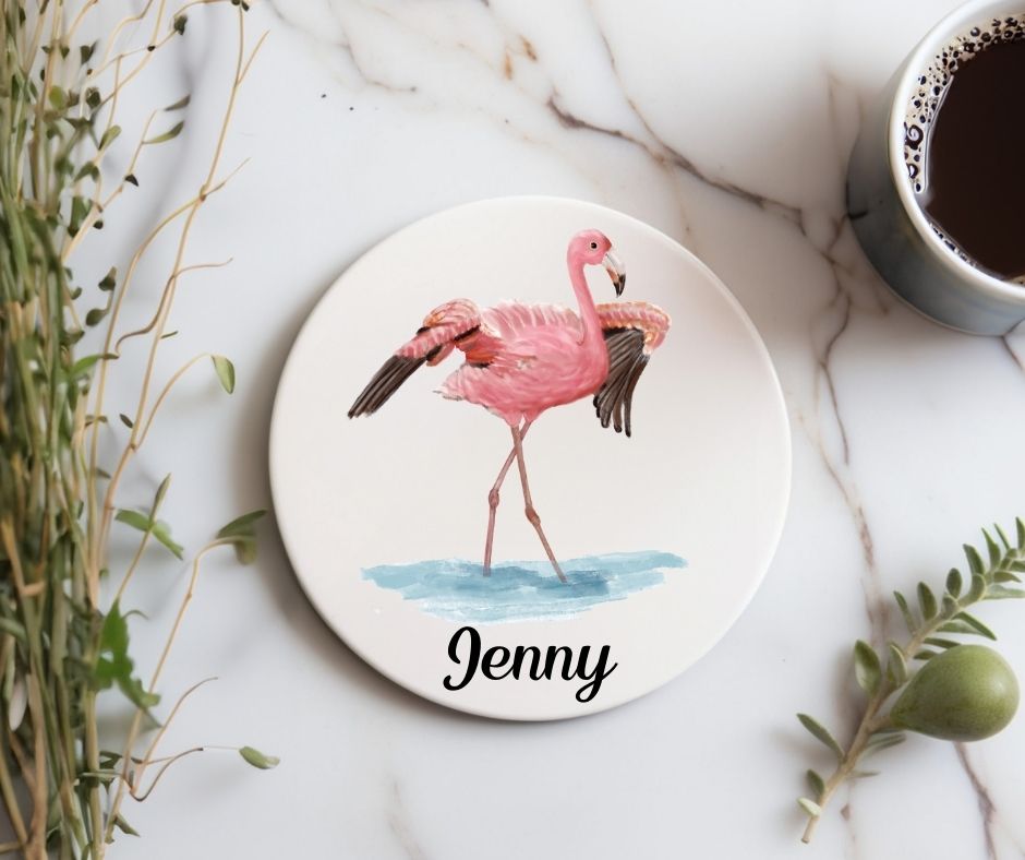 Pink Flamingo Ceramic Coaster - MerikaArt