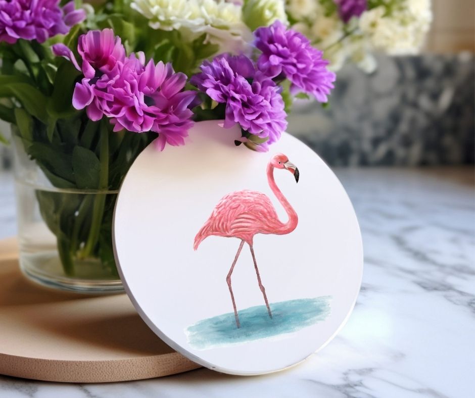 Pink Flamingo Ceramic Coaster - MerikaArt