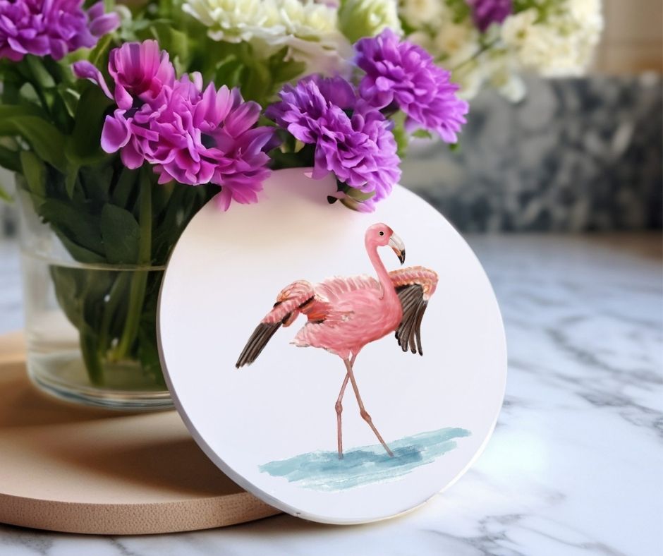 Pink Flamingo Ceramic Coaster - MerikaArt