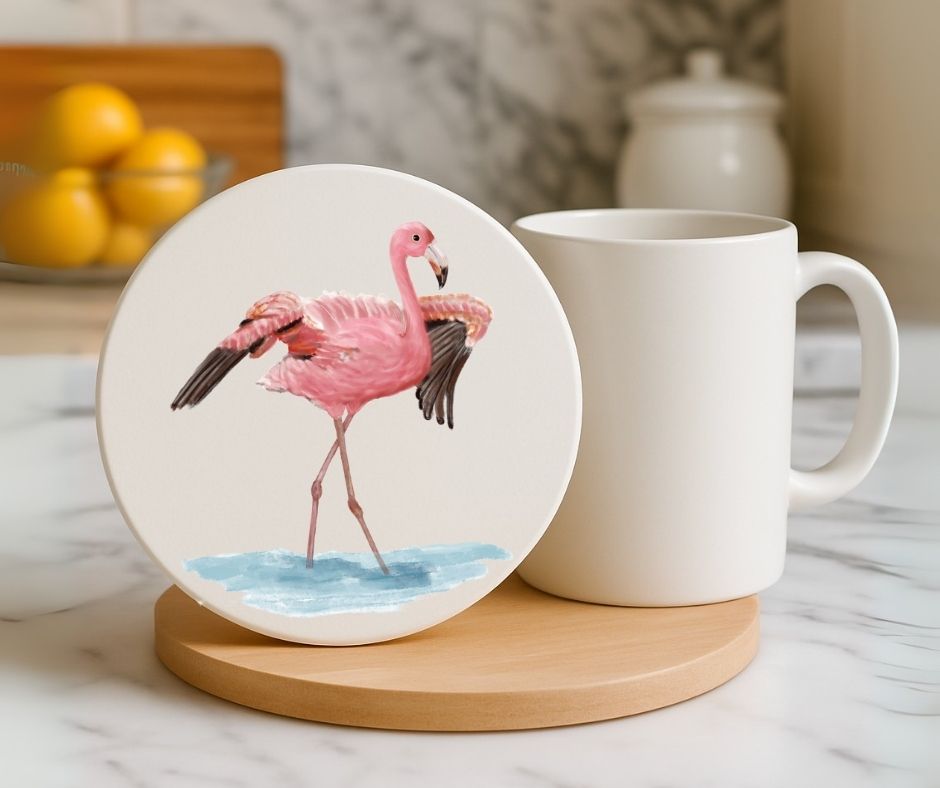 Pink Flamingo Ceramic Coaster - MerikaArt