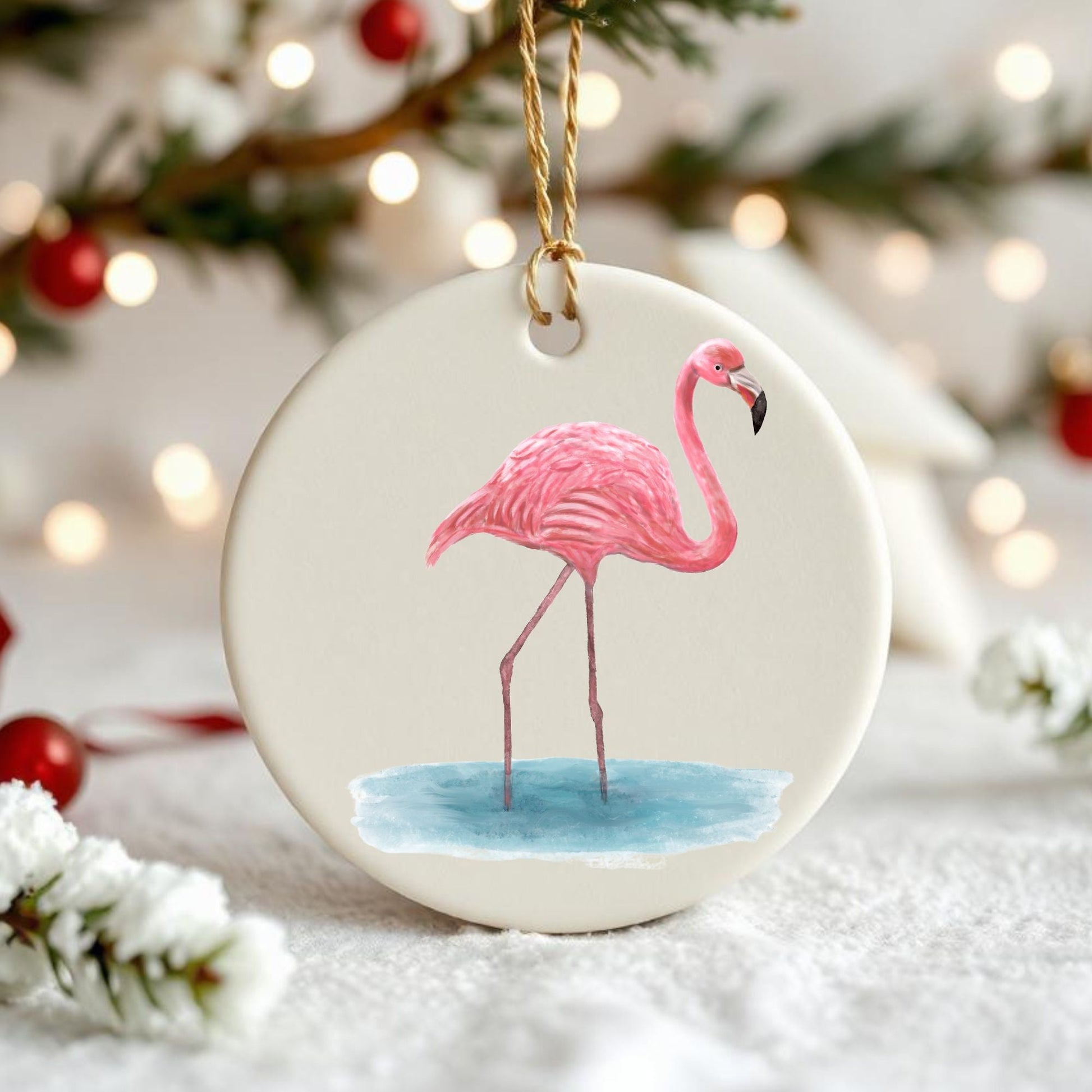 Pink Flamingo Ceramic Ornament - MerikaArt