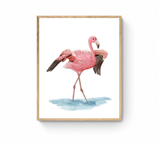 Pink Flamingo Flapping Wings Print, Bird Painting, Flamingo Bird Print, Beach House Wall Art, Living Room Wall Art, Pink Flamingo Art Print - MerikaArt