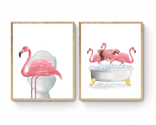 Pink Flamingo In Bath Set of 2 Print, Flamingo In Bathtub, Bathroom Wall Art, Wildlife Painting, Flamingo on Toilet Print, Flamingos in Tub - MerikaArt