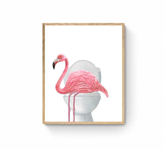 Pink Flamingo On Toilet Print, Flamingo In Bathroom, Animal Bathroom Wall Art, Wildlife Painting, Flamingo In Bath Print - MerikaArt