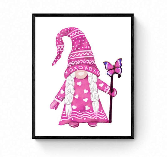 Pink Gnome Wall Art Print, Valentines Day Artwork, Love Wall Art, Valentines Decor, I Love You Art, Holiday Wall Hanging - MerikaArt