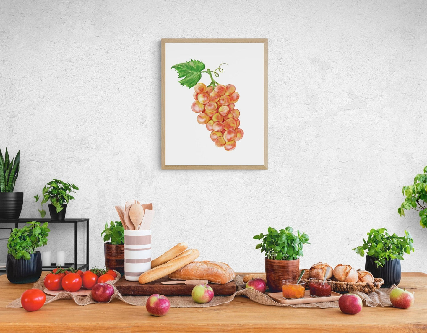 Pink Muscat Grape Art Print, Wine Art, Kitchen Wall Hanging, Dining Room Decor, Grape Painting, Fruit Illustration, Farmhouse Wall Decor - MerikaArt