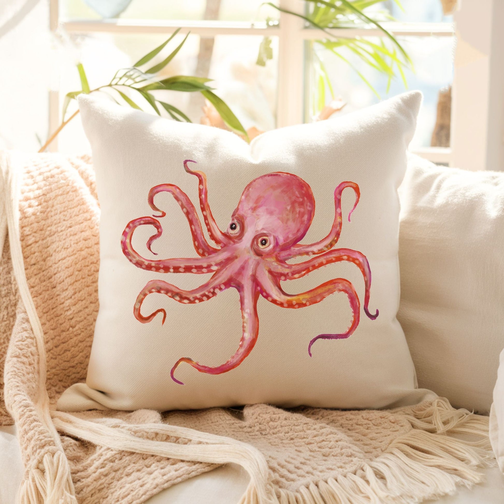 Pink Octopus Pillow - MerikaArt