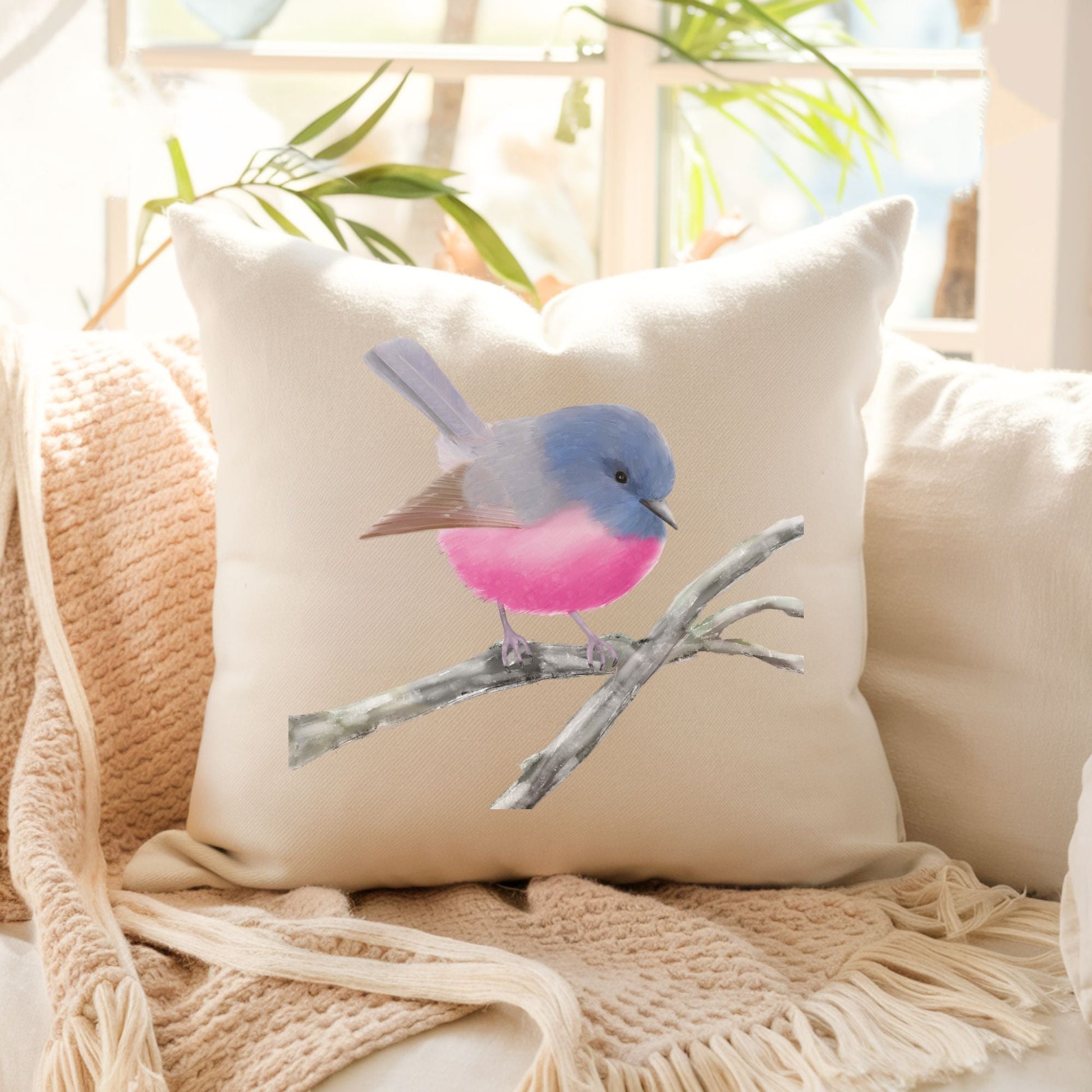 Pink Robin Bird Pillow - MerikaArt