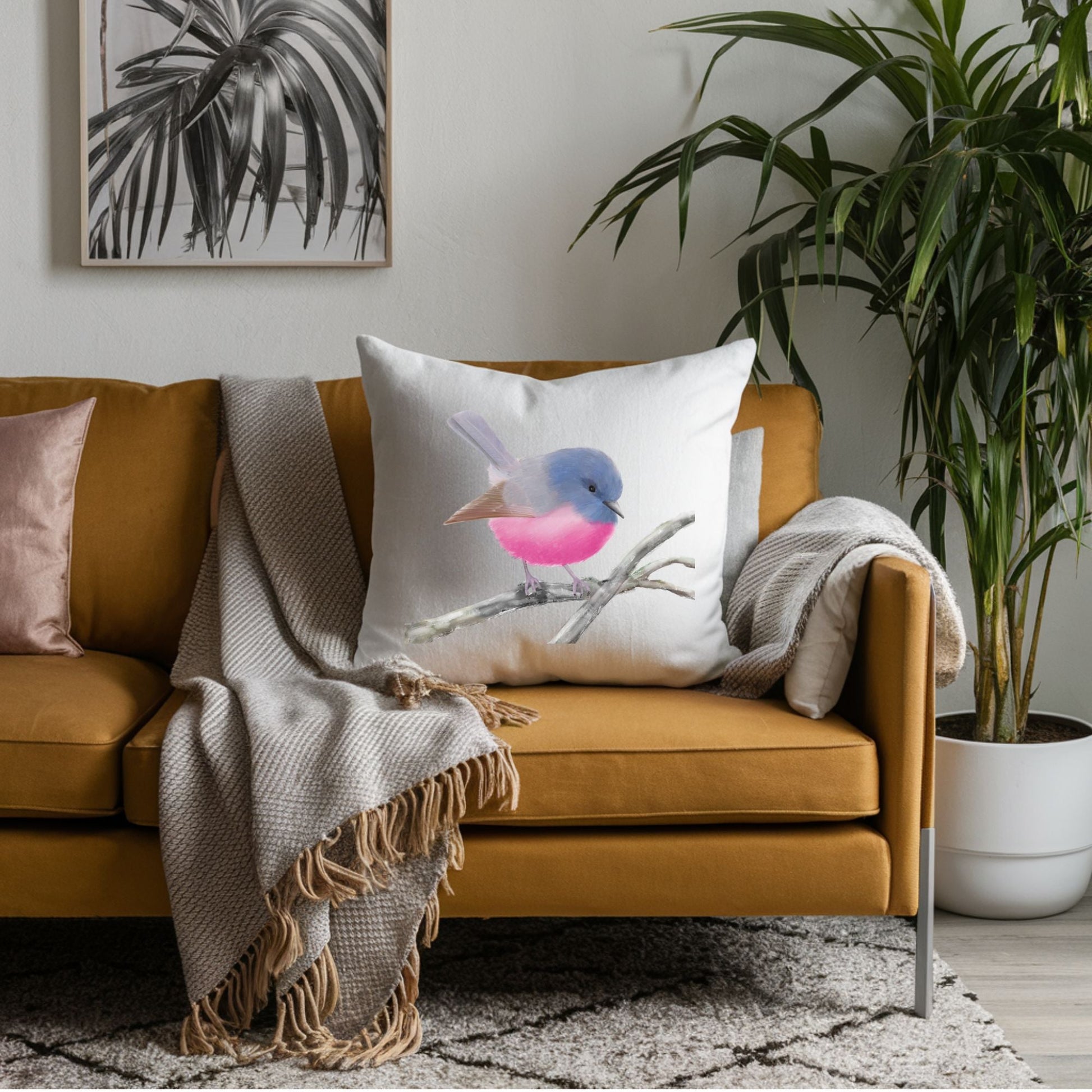 Pink Robin Bird Pillow - MerikaArt