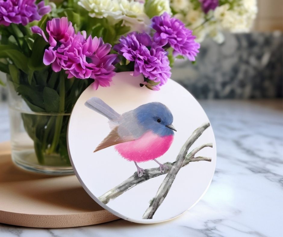 Pink Robin Ceramic Coaster - MerikaArt