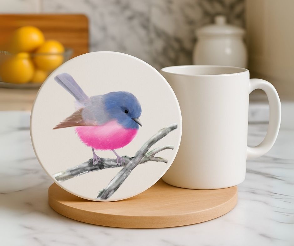 Pink Robin Ceramic Coaster - MerikaArt