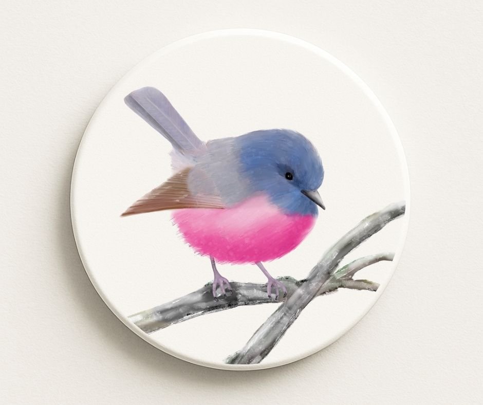 Pink Robin Ceramic Coaster - MerikaArt