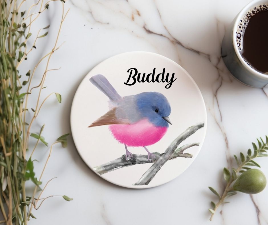Pink Robin Ceramic Coaster - MerikaArt