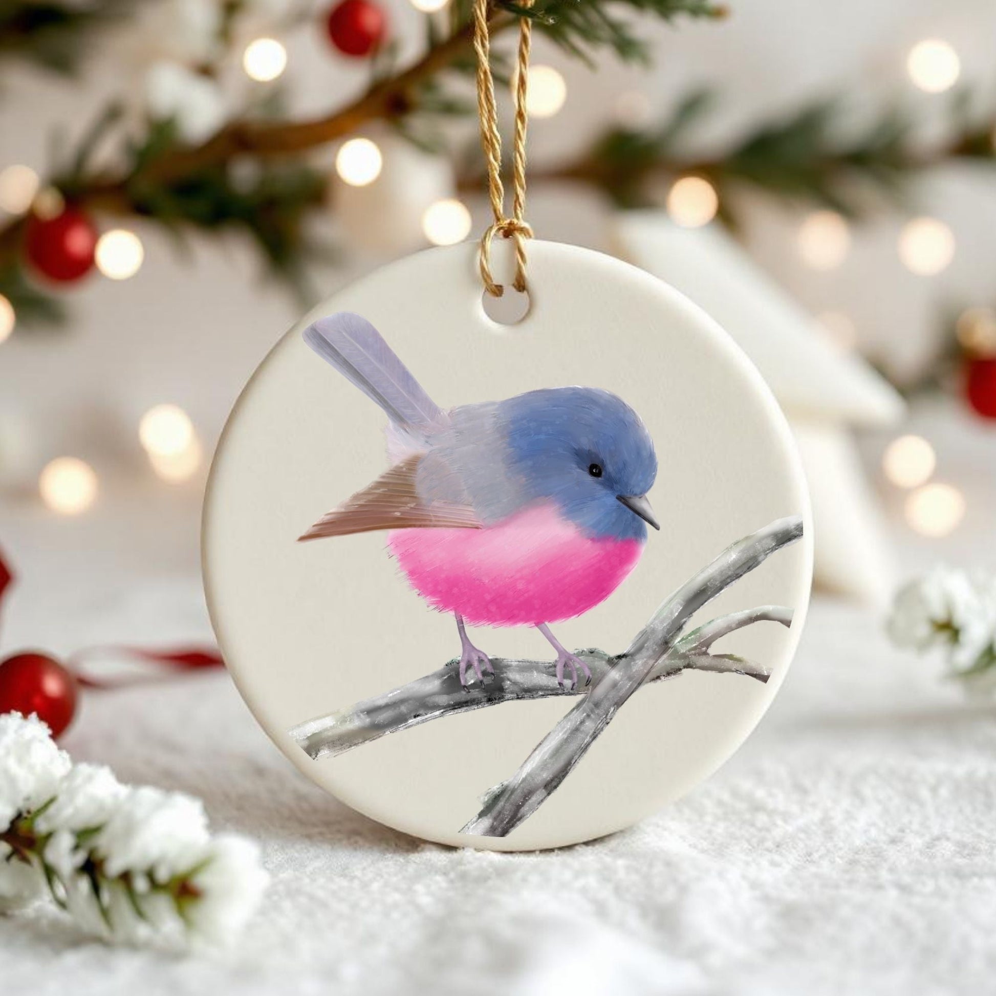 Pink Robin Ceramic Ornament - MerikaArt