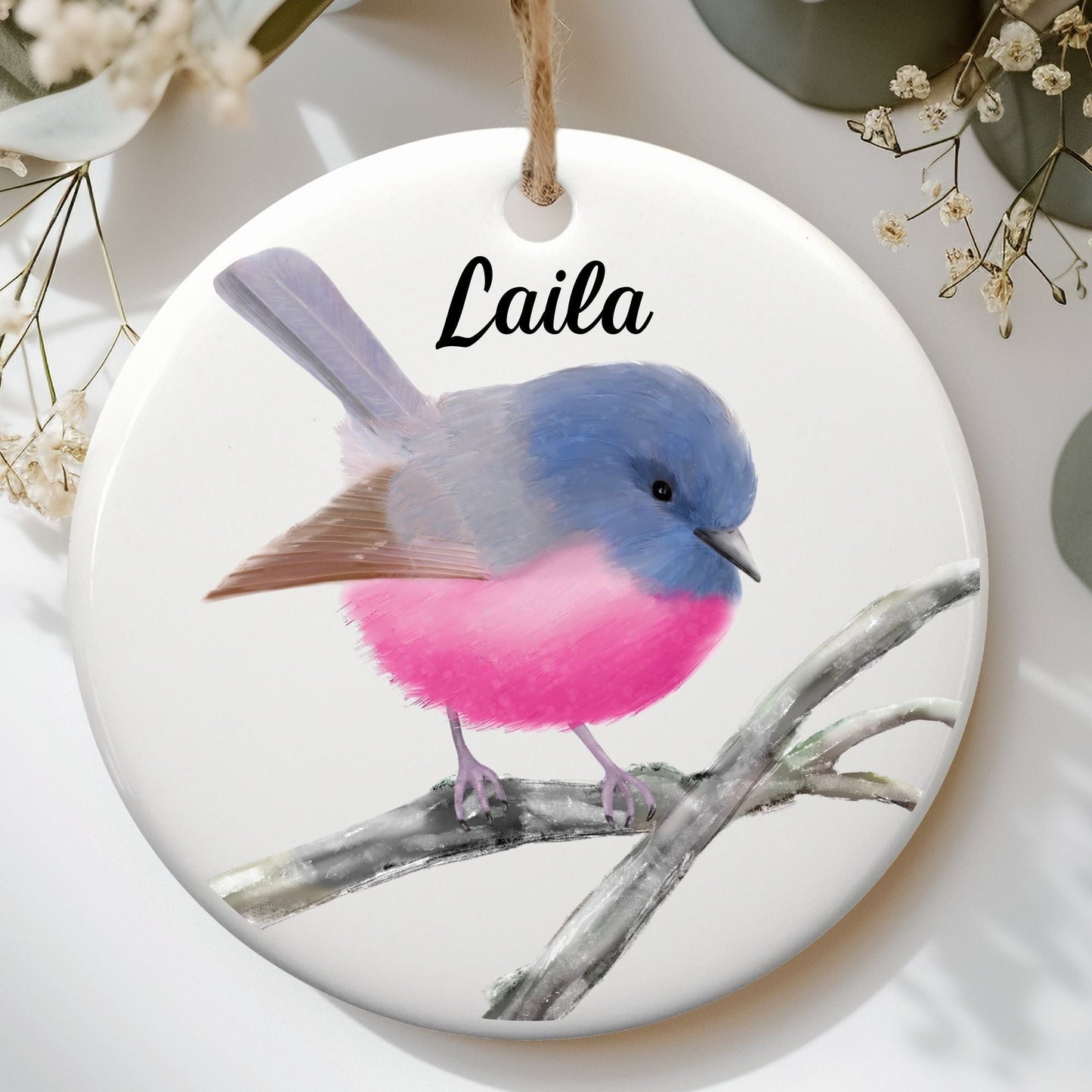 Pink Robin Ceramic Ornament - MerikaArt
