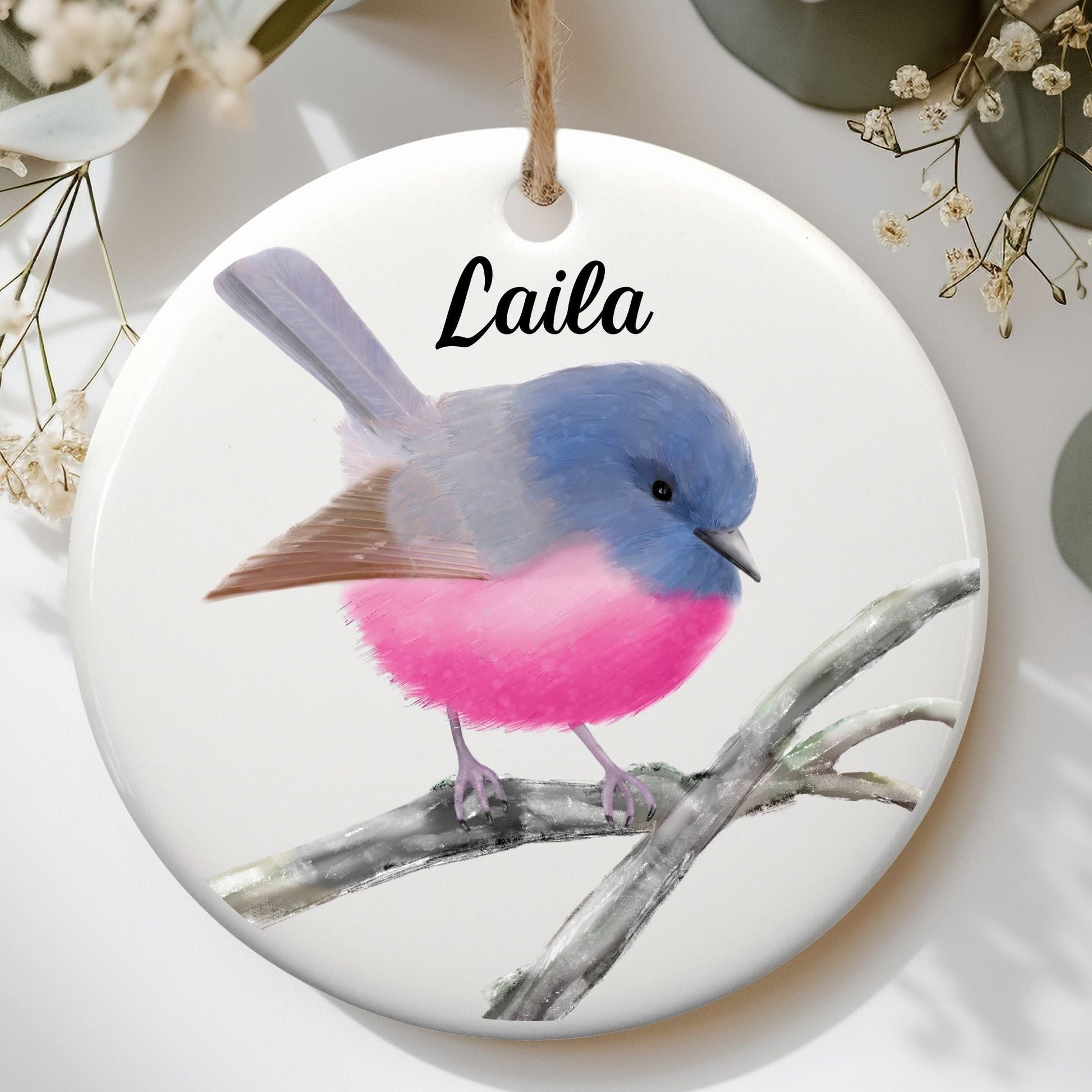 Pink Robin Ceramic Ornament - MerikaArt