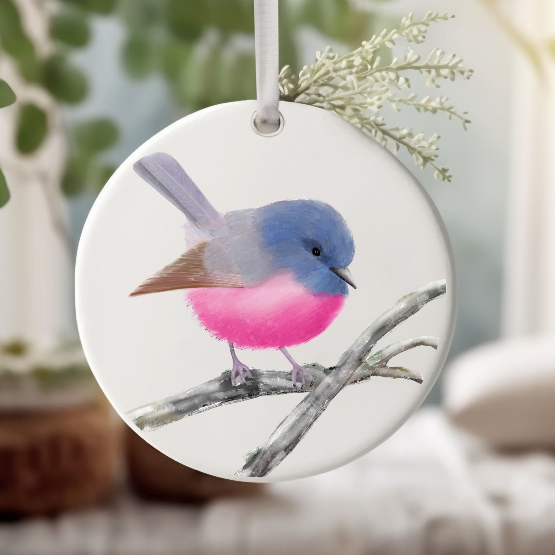 Pink Robin Ceramic Ornament - MerikaArt