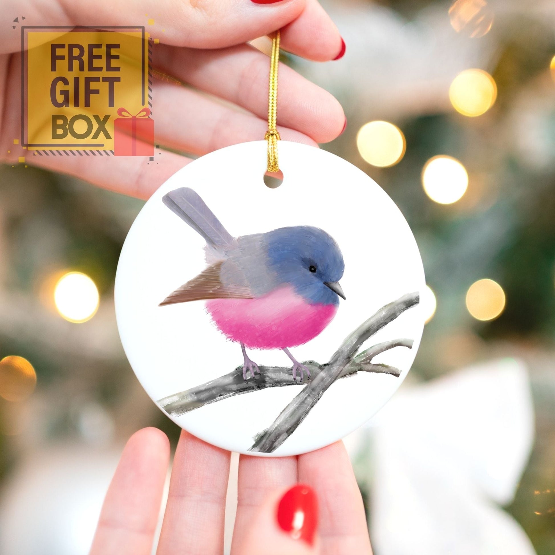Pink Robin Ceramic Ornament - MerikaArt