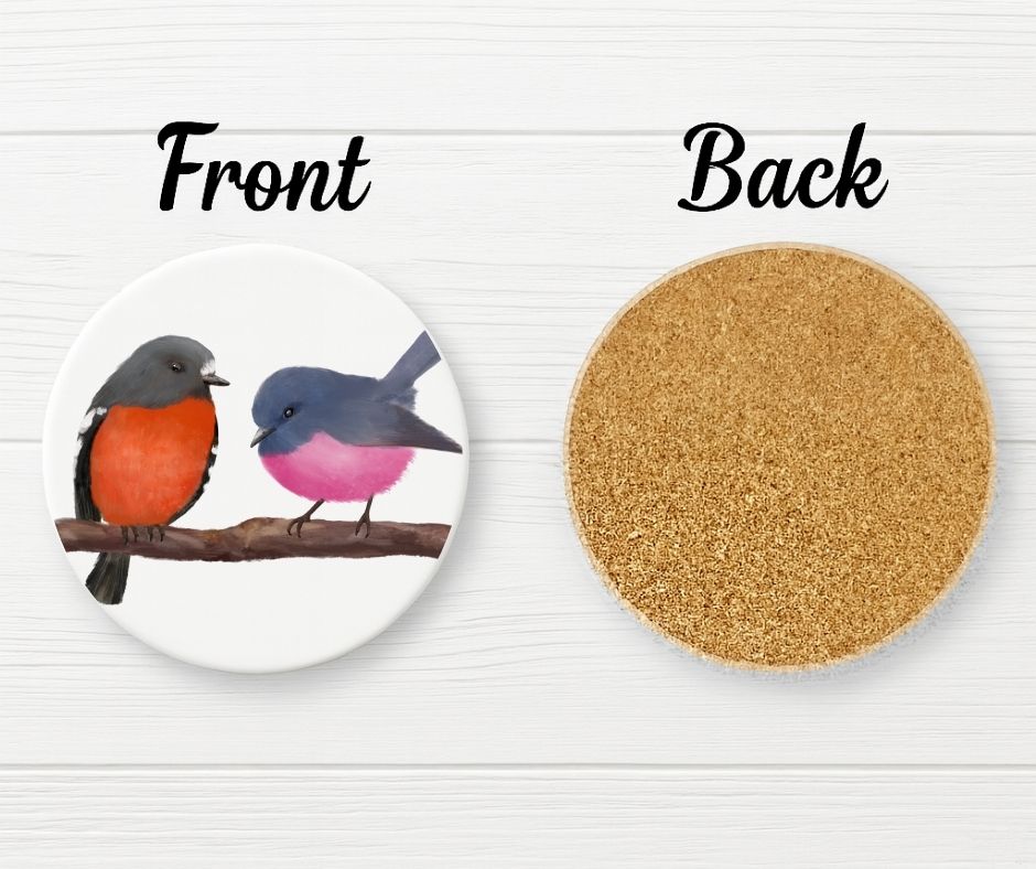 Pink Robin Pair Ceramic Coaster - MerikaArt