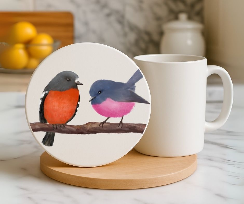 Pink Robin Pair Ceramic Coaster - MerikaArt