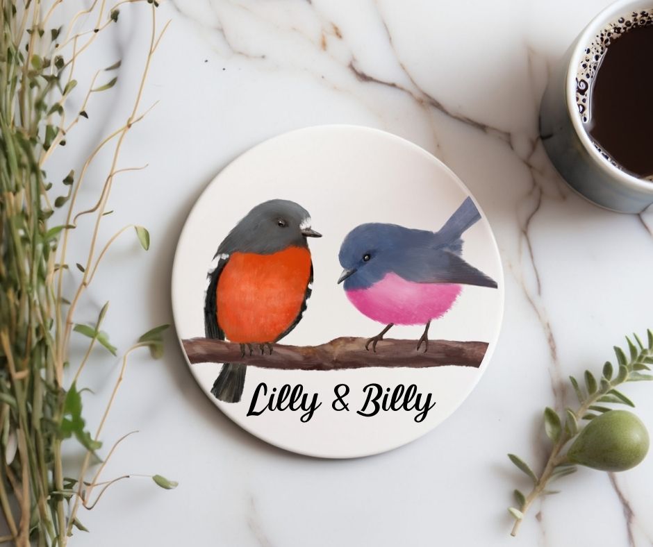 Pink Robin Pair Ceramic Coaster - MerikaArt