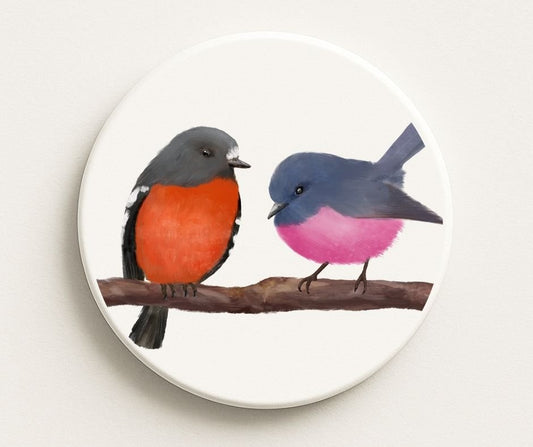 Pink Robin Pair Ceramic Coaster - MerikaArt