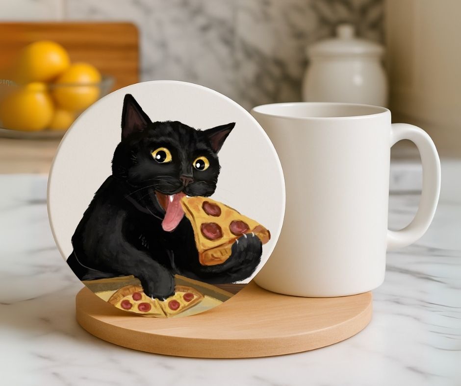 Pizza Lover Black Cat Ceramic Coaster - MerikaArt