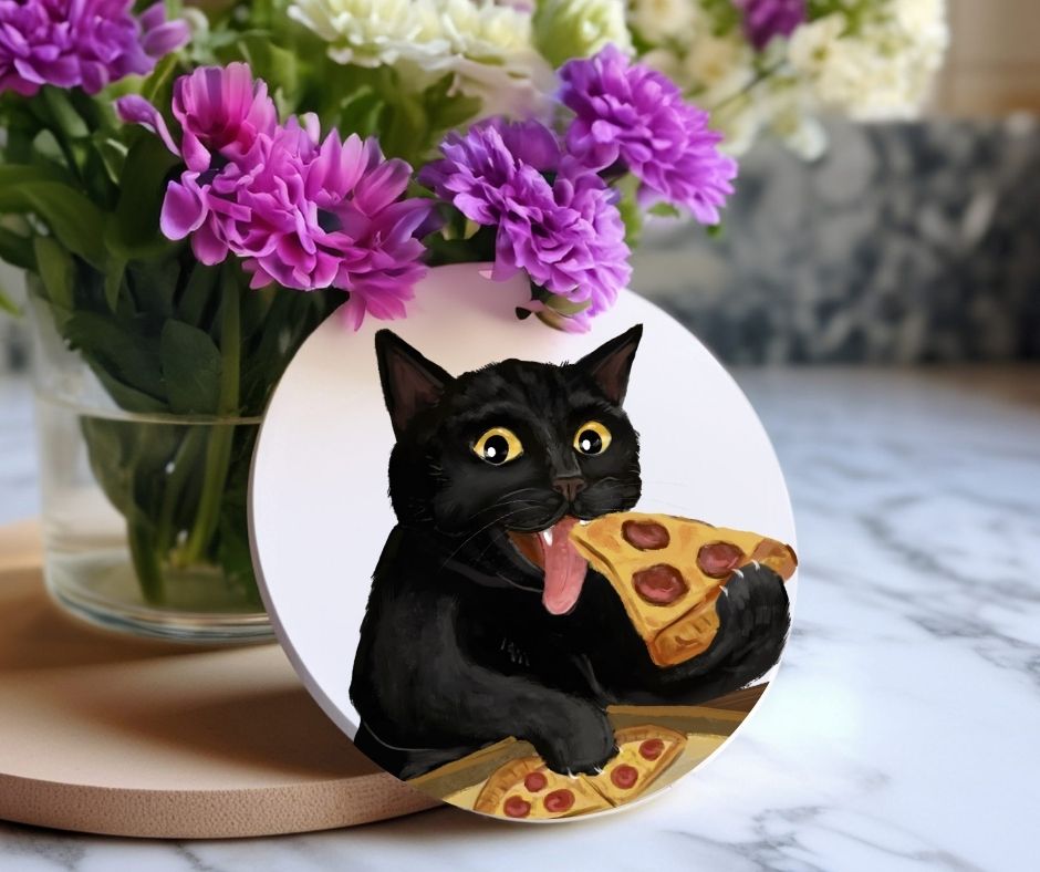 Pizza Lover Black Cat Ceramic Coaster - MerikaArt