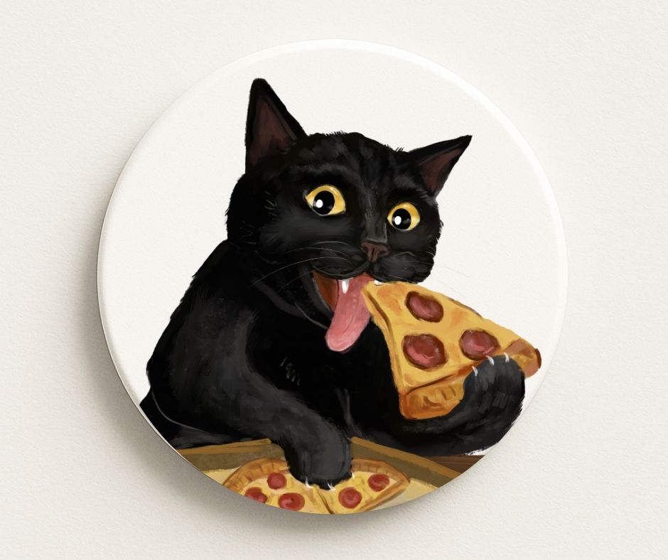 Pizza Lover Black Cat Ceramic Coaster - MerikaArt