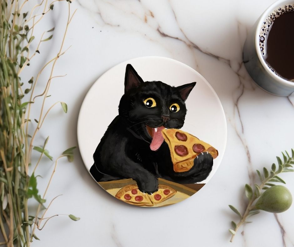 Pizza Lover Black Cat Ceramic Coaster - MerikaArt