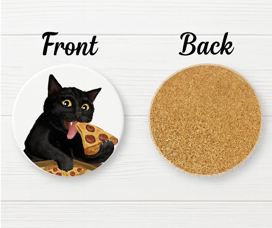 Pizza Lover Black Cat Ceramic Coaster - MerikaArt