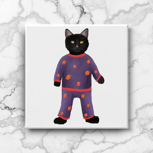 Playful Black Cat in Pajamas Ceramic Tile - MerikaArt