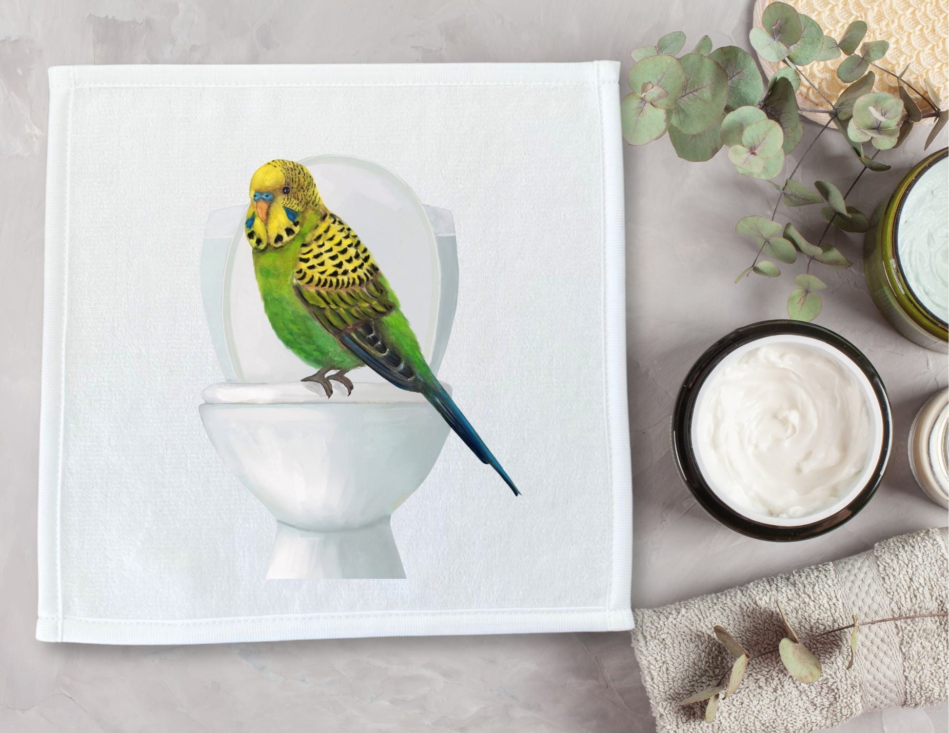 Playful Budgie on Toilet Washcloth – A Quirky Bird Lover's Gift - MerikaArt