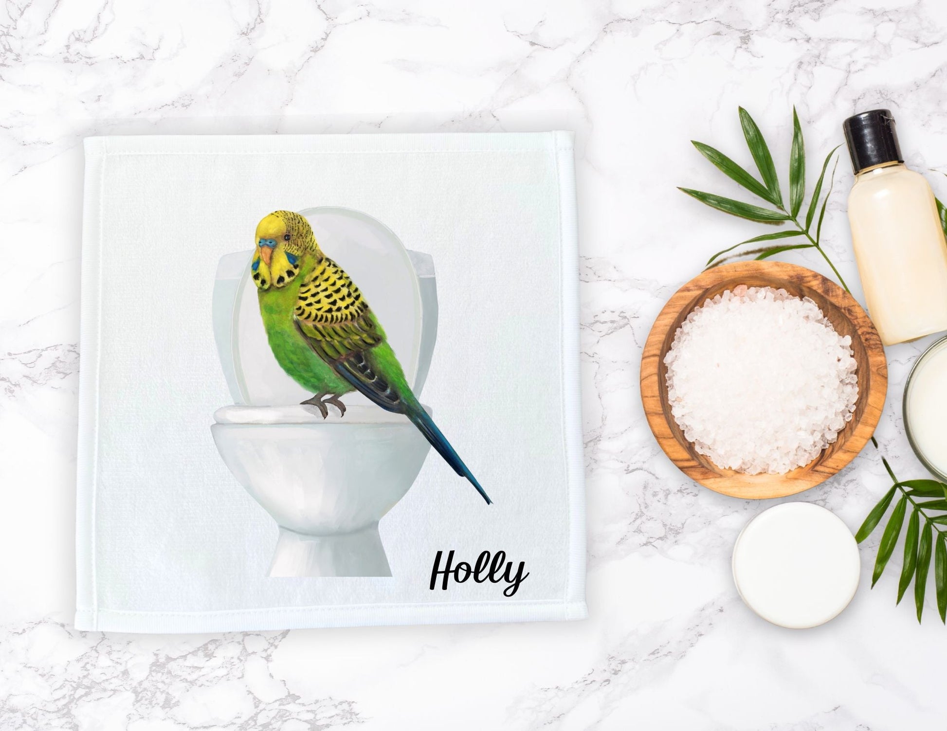 Playful Budgie on Toilet Washcloth – A Quirky Bird Lover's Gift - MerikaArt