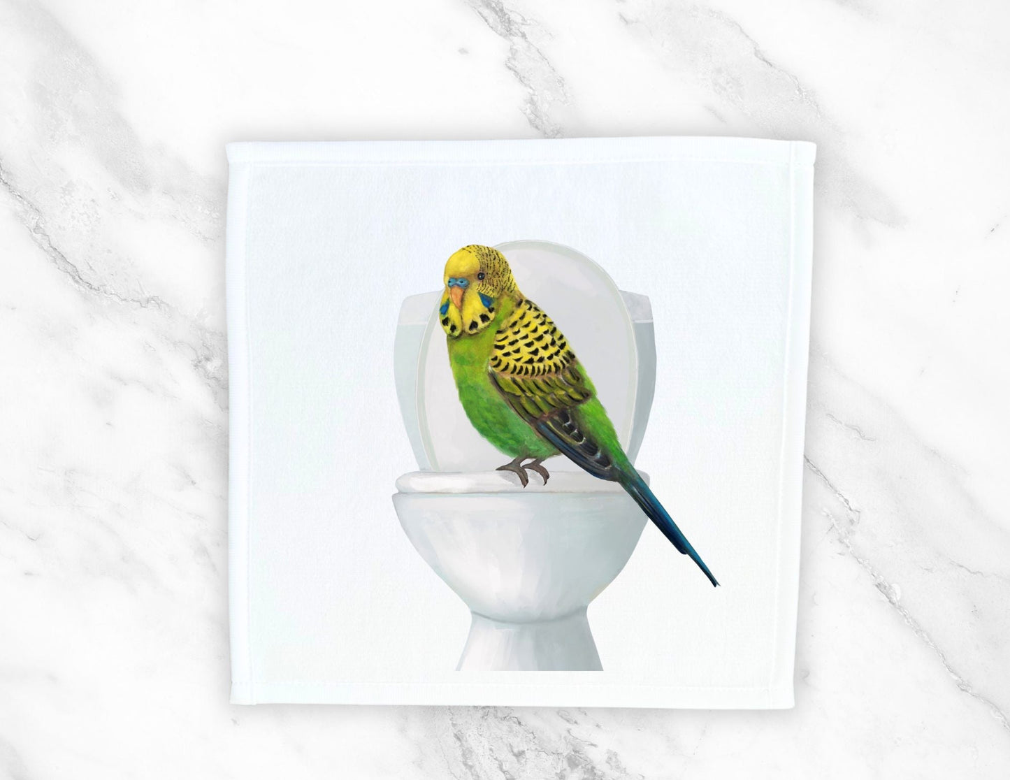 Playful Budgie on Toilet Washcloth – A Quirky Bird Lover's Gift - MerikaArt