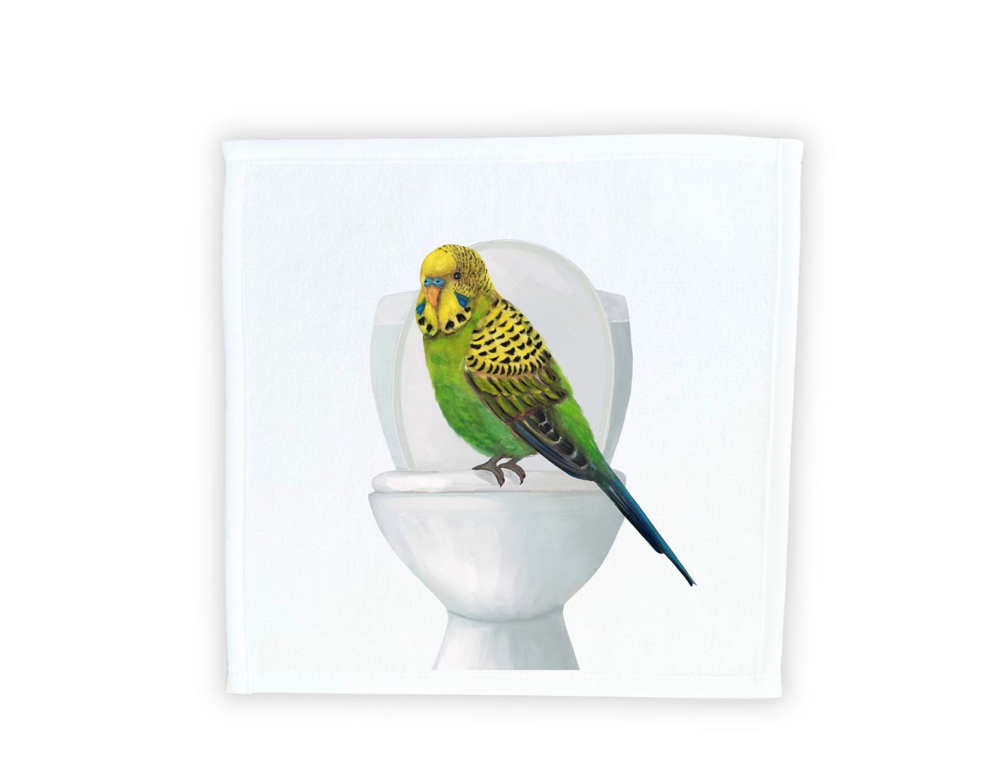 Playful Budgie on Toilet Washcloth – A Quirky Bird Lover's Gift - MerikaArt