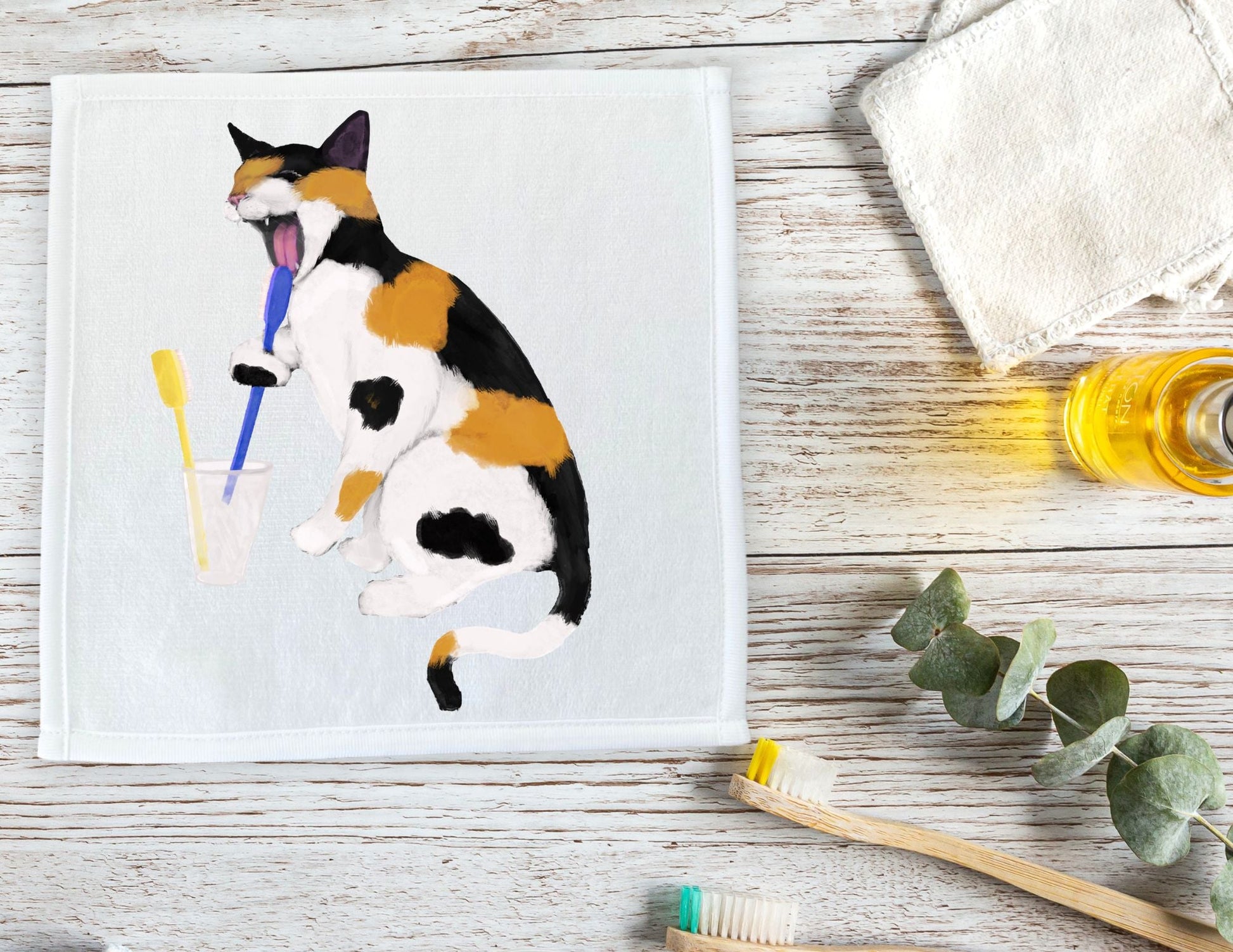 Playful Calico Cat Brushing Teeth Washcloth - MerikaArt