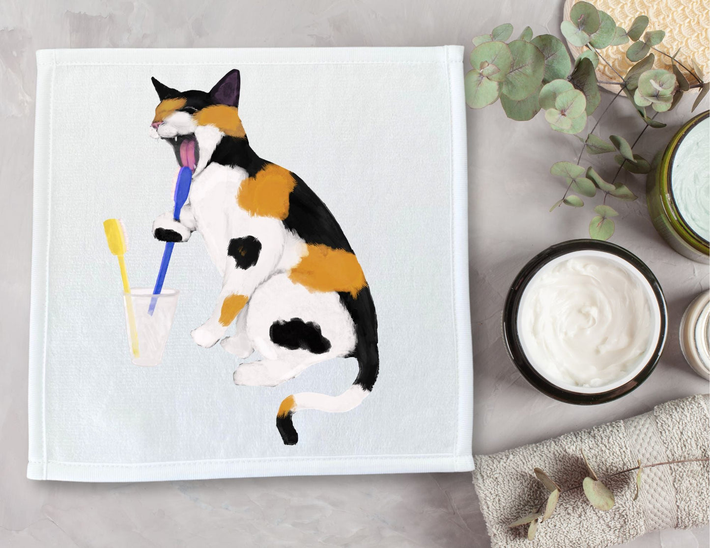 Playful Calico Cat Brushing Teeth Washcloth - MerikaArt