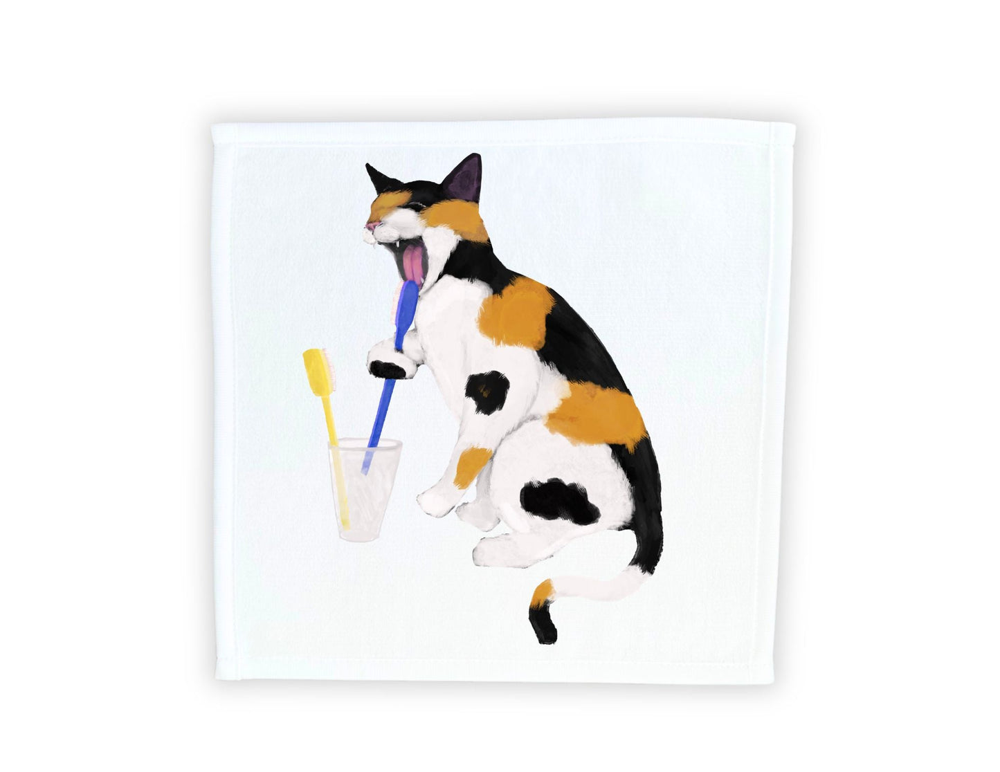 Playful Calico Cat Brushing Teeth Washcloth - MerikaArt