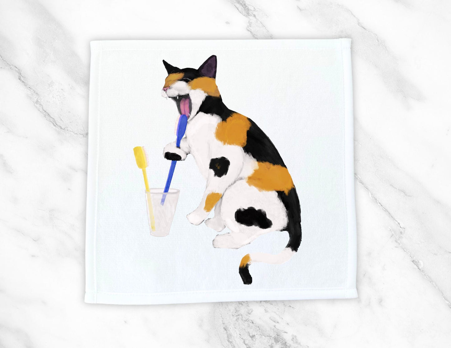 Playful Calico Cat Brushing Teeth Washcloth - MerikaArt