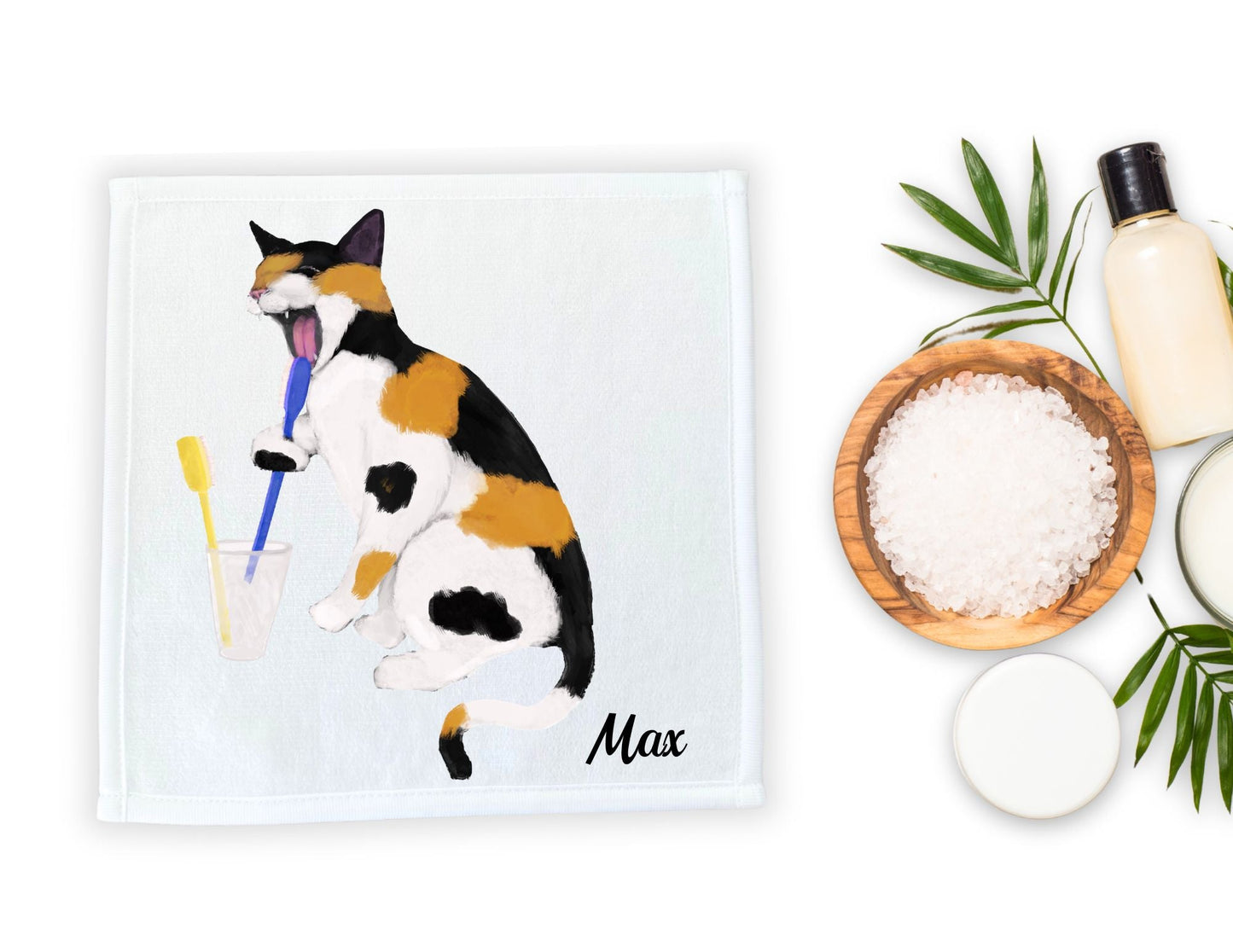 Playful Calico Cat Brushing Teeth Washcloth - MerikaArt